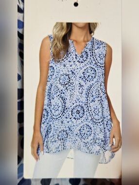 NWT Cristina B M White Blue Mosaic Print Slvlss Women High-low Tunic Summer Top